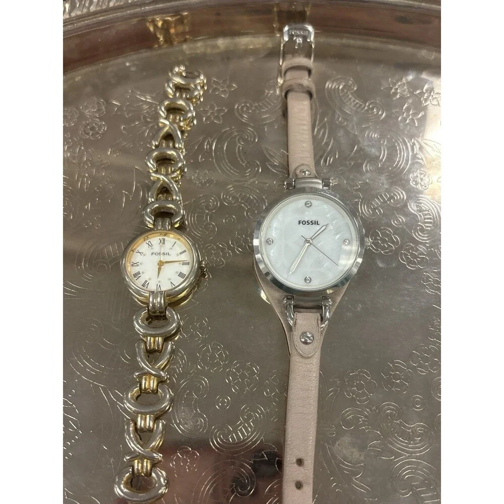 Fossil Women’s Watch Lot 2 Pc Bracelet Chain Watch + Leather Strap MOP Dial